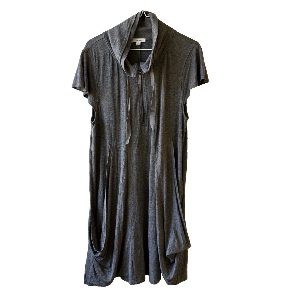 Kensie Gray Solid Cowl Neck Short Sleeve Knit A-Line Zip Dress Women’s XL
